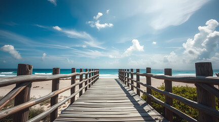 Obraz premium This artwork emphasizes the rustic design of a wooden footbridge that leads people to the beach, highlighting the excitement and thrill it provides as well as the trail it offers to paradise.