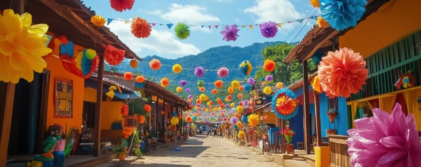Fototapeta premium Vibrant festive street with colorful paper lanterns on a sunny day in a quaint village