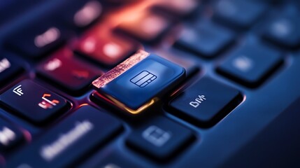 Obraz premium Close-up view of a laptop keyboard highlighting a credit card key. The image captures the intricate details and vibrant colors, representing the modern digital payment landscape.