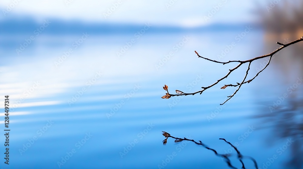 Aufkleber Tranquil lake view with gently rippling water surface reflecting branches on a clear day : Generative AI