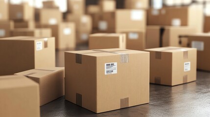 A close-up image of stacked cardboard boxes in a warehouse, showcasing efficient packaging and storage solutions. Ideal for logistics, supply chain, and distribution themes.