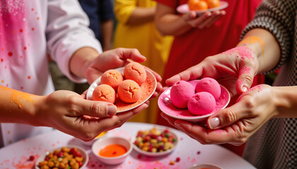Friends sharing sweets during Holi celebration, joyful festivity