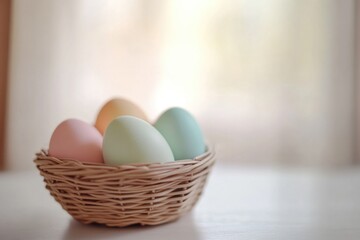 A vibrant assortment of Easter eggs in a wicker basket, symbolizing the joyous spring holiday. The colorful display is lit by natural light, creating a warm and inviting atmosphere.