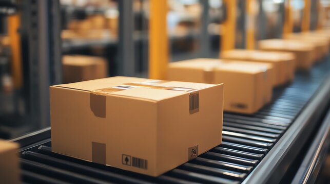 A close-up view of cardboard boxes moving along a conveyor belt in a warehouse. The efficient sorting and packaging represent modern logistics and supply chain management.