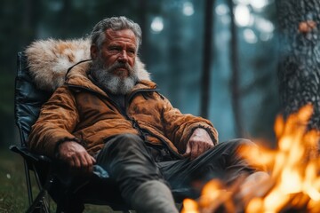 Obraz premium Older man sitting by the campfire in a forest, enjoying nature and reflecting in the evening light