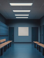 Fototapeta premium An empty classroom with lockers, blackboard, and whiteboard. Wooden benches for seating. No students or teachers visible.