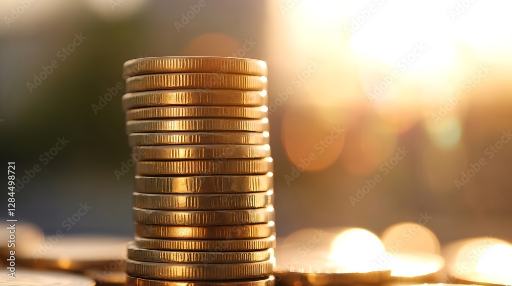 Leinwandbilder stack of gleaming coins representing wealth and financial success against a soft sunset backdrop : g