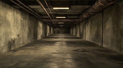 Scifi underground warehouse tunnel with a grunge cement and asphalt design featuring metal plates and a dark futuristic showroom 3Drendered illustration