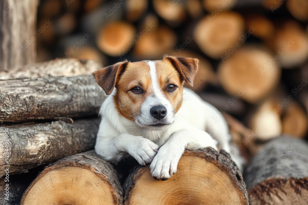 Aufkleber Cute dog relaxing on a stack of logs in a rustic outdoor setting during daylight hours. Generative AI