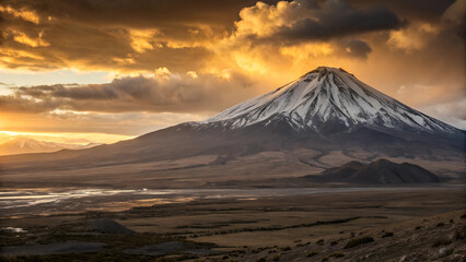 Fototapeta premium Snow-Capped Volcano at Sunset with Golden Clouds and Vast Rugged Terrain