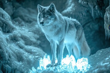 Obraz premium Majestic white wolf in an enchanted frozen cave illuminated by blue light.