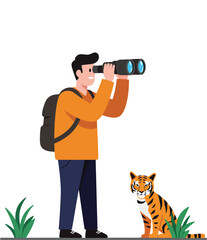 Explorer observing wildlife with binoculars in flat vector art style featuring a tiger and greenery vector illustration