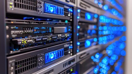 Close-up of server racks with glowing blue LED lights and blurred background, showcasing advanced network hardware. Ideal for technology, cybersecurity, and cloud computing visuals