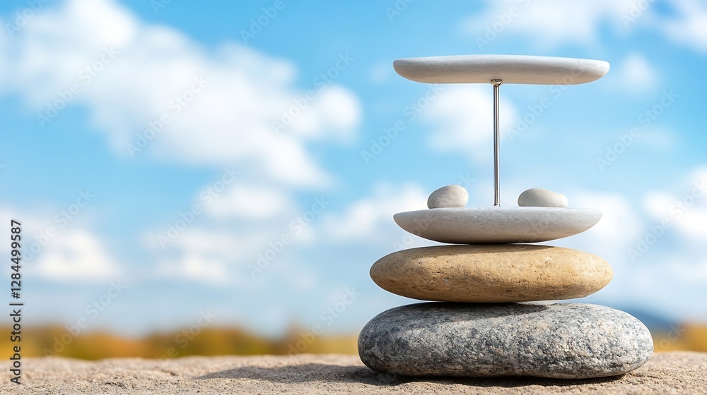 Aufkleber balanced stone stack against a bright blue sky creating a sense of tranquility : generative ai