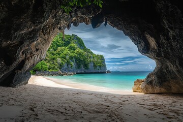 A captivating image of a hidden, serene beach with white sand and calm, turquoise waters . A stunning beach nestled within a cave, surrounded by the vastness of the ocean,
