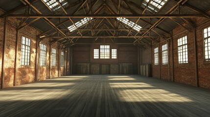 Spacious empty warehouse with high ceilings large windows and an industrial hangarstyle setup suitable for exhibitions or storage 3D rendering