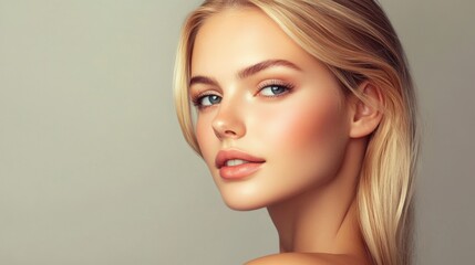 Fototapeta premium Blonde model with shiny, sleek hair and perfect complexion, posed elegantly on a neutral gray background