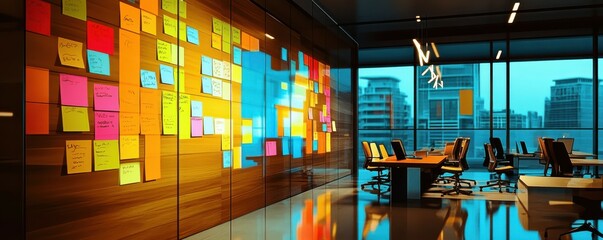 Modern office meeting room with colorful sticky notes on glass wall and city view in background