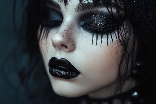 Close-up of gothic model with dark makeup, black lipstick and closed eyes