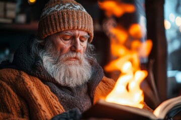 Obraz premium Elderly man reading a book by the fire in a cozy cabin during winter evenings