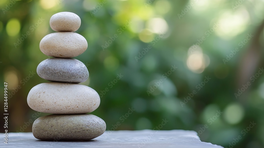 Poster Stack of smooth pebbles arranged in a tranquil pyramid formation sitting atop a soft stone surface amidst a lush green background : Generative AI