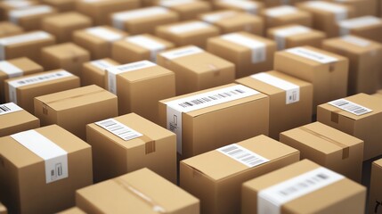 Fototapeta premium A vast collection of cardboard boxes stacked neatly in a warehouse, symbolizing commerce and logistics. Ideal for topics related to shipping, inventory management, and retail.