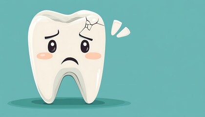 Sad Cartoon Tooth Showing Cracked Structure on a Teal Background
