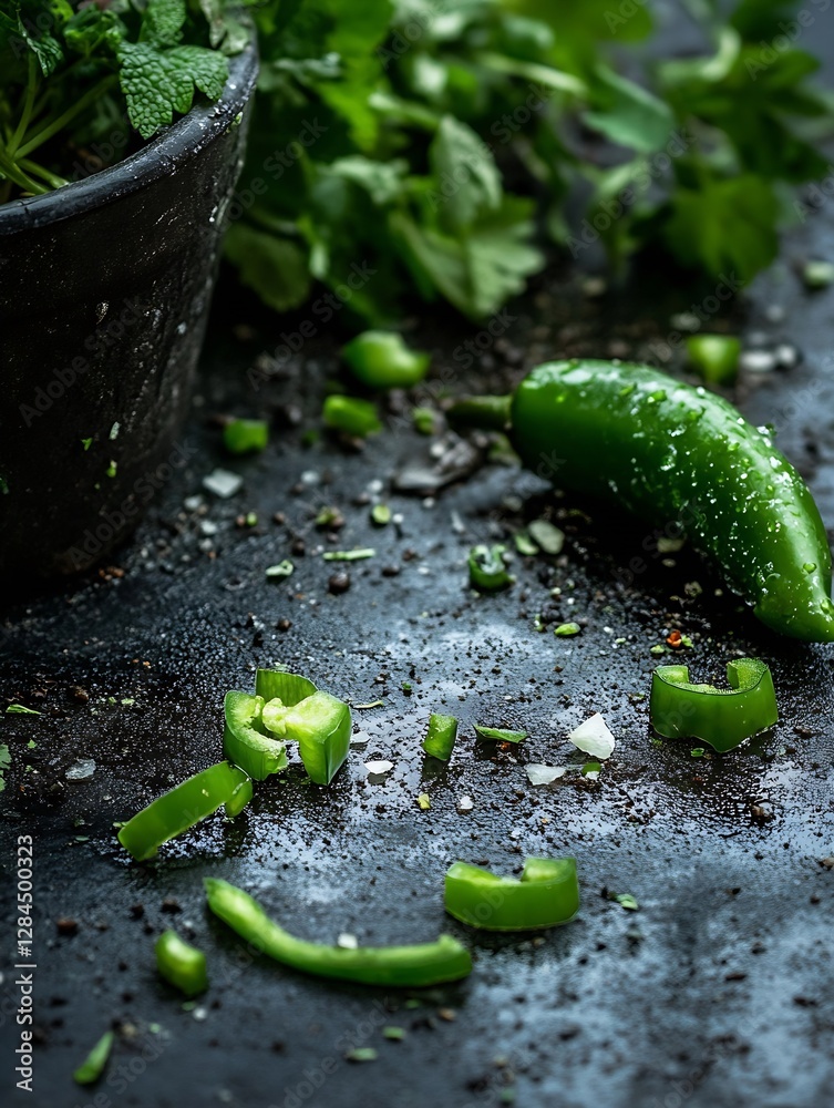 Poster vibrant green jalapeno peppers sliced and scattered on a dark textured surface with herbs : generati