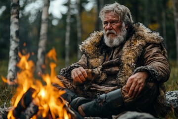 Obraz premium Elderly man warming by a campfire in a forest during the fall season surrounded by trees and nature