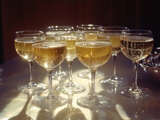 A collection of champagne glasses on a table, filled with champagne and sparkling under the light.