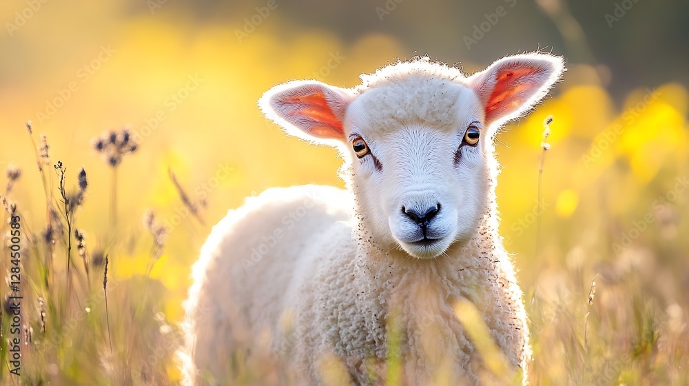 Poster adorable fluffy lamb with curious eyes standing in a golden field during a sunny day capturing innoc