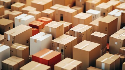 Fototapeta premium Aerial view of stacked cardboard boxes in various sizes and colors, showcasing the logistics and shipping industry. Ideal for supply chain and warehouse-related projects.