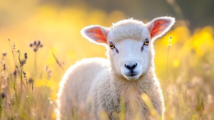 Fototapeta premium Adorable fluffy lamb with curious eyes standing in a golden field during a sunny day capturing innocence and charm : Generative AI