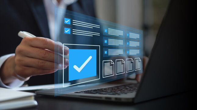 Document Management System (DMS) concept. Businessmen and Businesswomen checklist, managing and access information in online exam standards and document Control for company database access