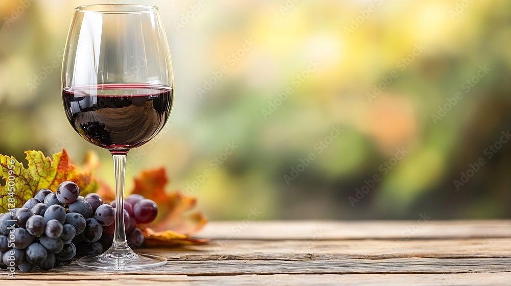Poster elegant red wine glass with fresh grapes and autumn leaves on rustic wooden table : generative ai