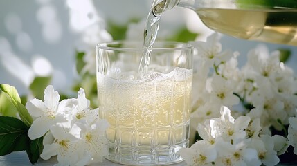 Pure lemonade being poured into a glass on a table with flowers in the background.
