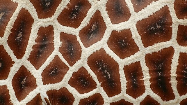 Close-up of a giraffe's patterned skin with large, irregularly shaped spots. This is a textured image showcasing the unique and natural appearance of this wildlife animal.