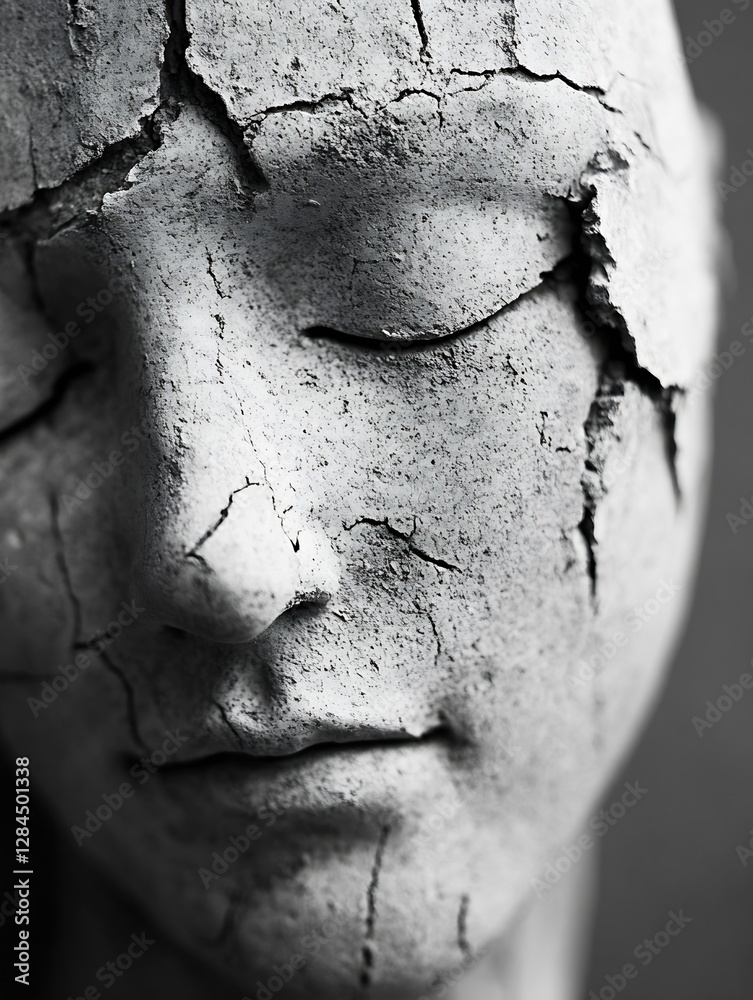 Poster Artistic Close Up of a Cracked and Weathered Sculpture Representing Emotions and Time : Generative AI