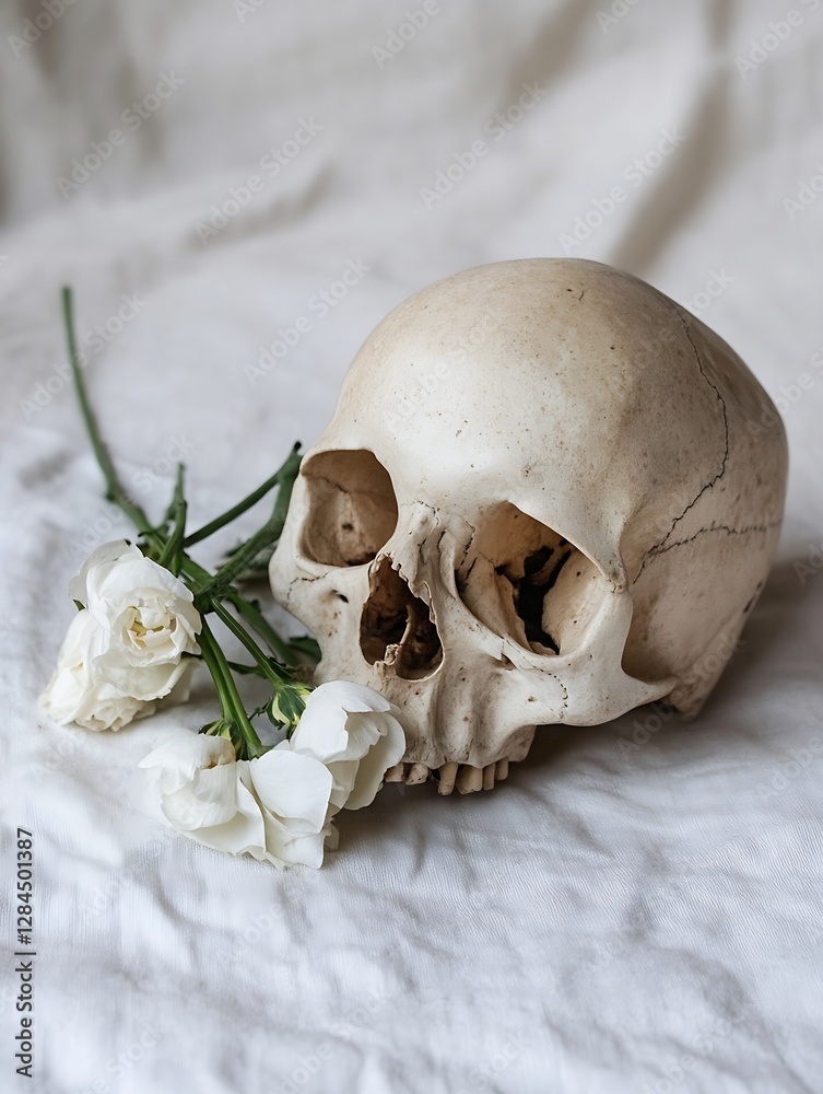 Poster realistic skull with delicate white flowers on a textured fabric background : generative ai