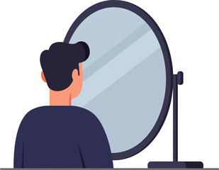 Person gazing into a large round mirror in flat vector art