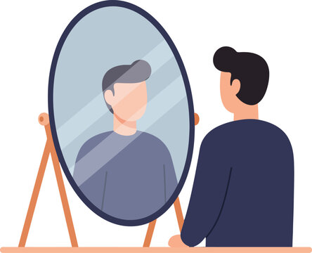 Man gazing into a mirror reflecting his image in flat vector illustration