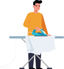Fototapeta premium Man ironing clothes with modern equipment in flat and minimal vector illustration
