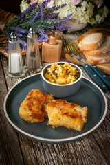 Pieces of fried cod fillet.