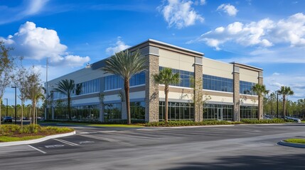 Modern Beige Office Building Exterior Sunny Day Landscape Professional Architecture Commercial Real Estate Property Development New Construction      