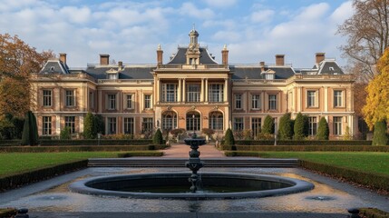 Obraz premium Grand mansion with symmetrical facade, fountain, and manicured gardens under a partly cloudy sky.