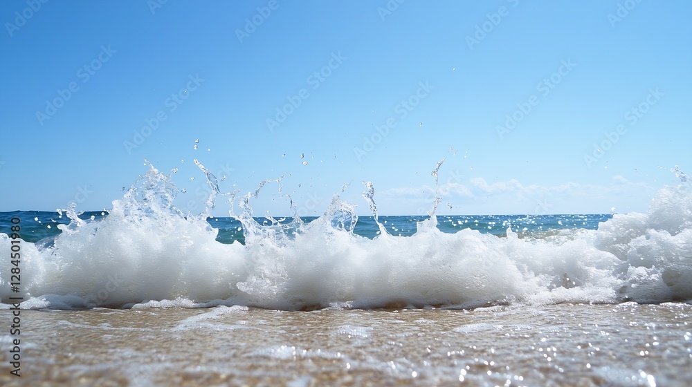 Poster vibrant sunlit waves crashing onto a sandy beach creating foam and splashes : generative ai
