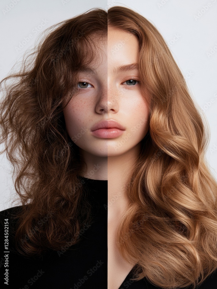 Poster Transformation of hair styling showcasing contrast between unkempt and polished looks in a portrait setting. Generative AI