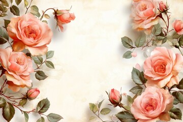 Peach roses and buds create a beautiful floral frame on a vintage, textured background, offering a romantic and elegant design
