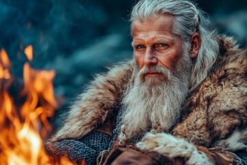Portrait of a wise elder with a long beard, sitting by a campfire in a rugged outdoor setting during twilight