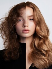 Naklejka premium Transformation of hair styling showcasing contrast between unkempt and polished looks in a portrait setting. Generative AI